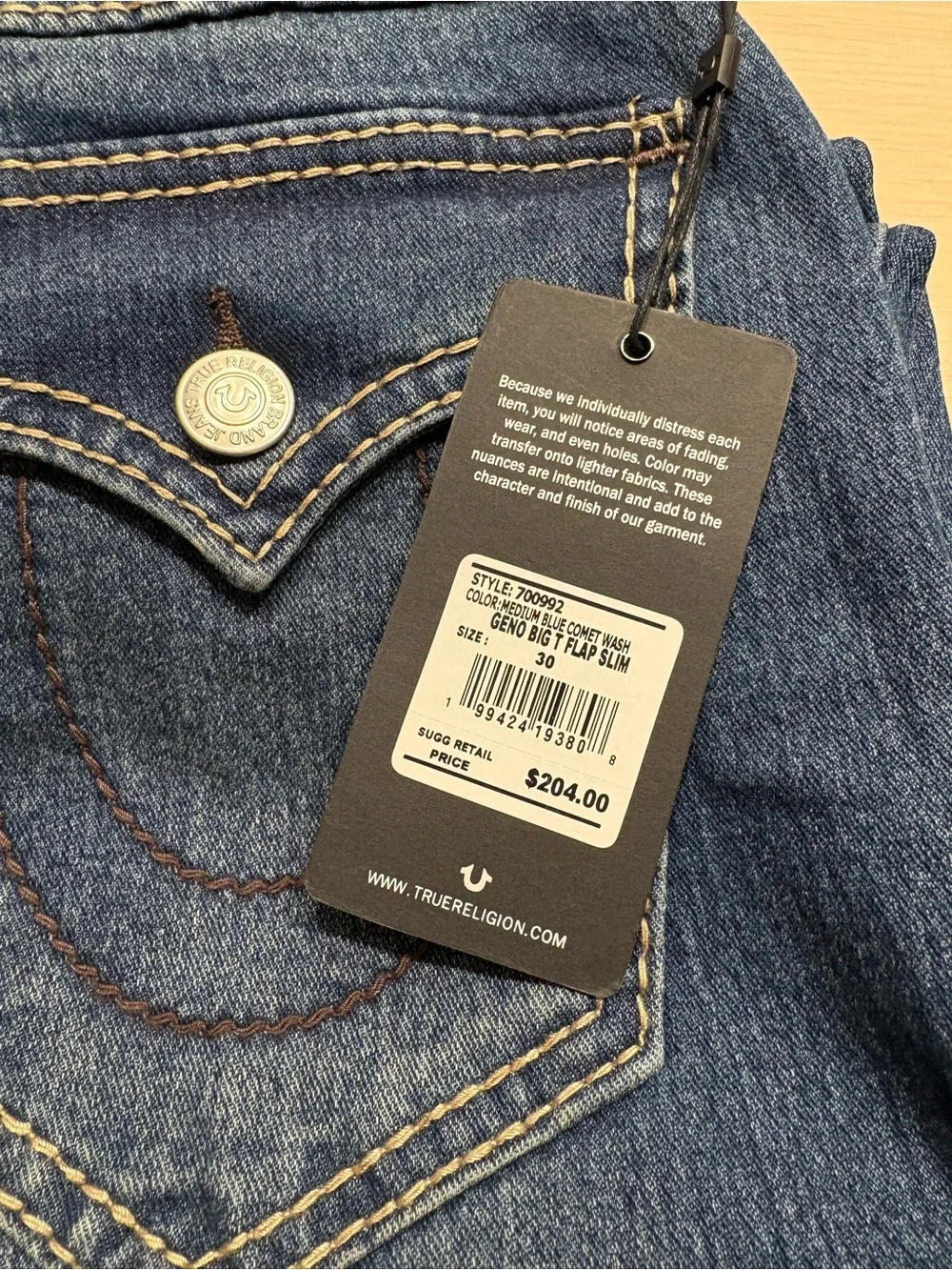 True Religion Men's Relaxed Slim Jeans - Mid Blue Denim with Contrast Stitching